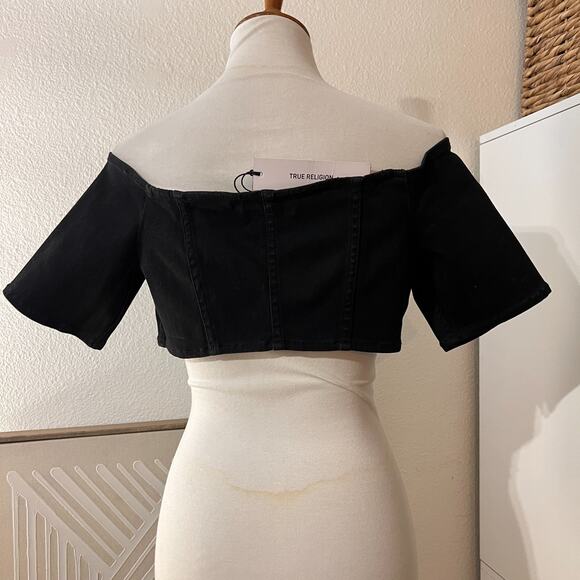 True Religion Womens Black Zipper Off Shoulder Cropped Top Sz XL NWT Y2K - Picture 4 of 11